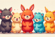 Collage de différentes peluches Labubu colorées disposées artistiquement